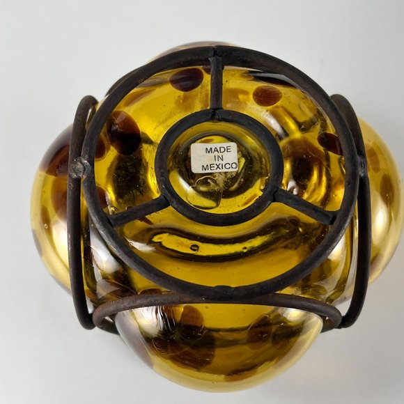 Vtg Handblown Caged Art Glass Candle Holder Vase Brutalist Wrought Iron Mexico - Picture 8 of 12